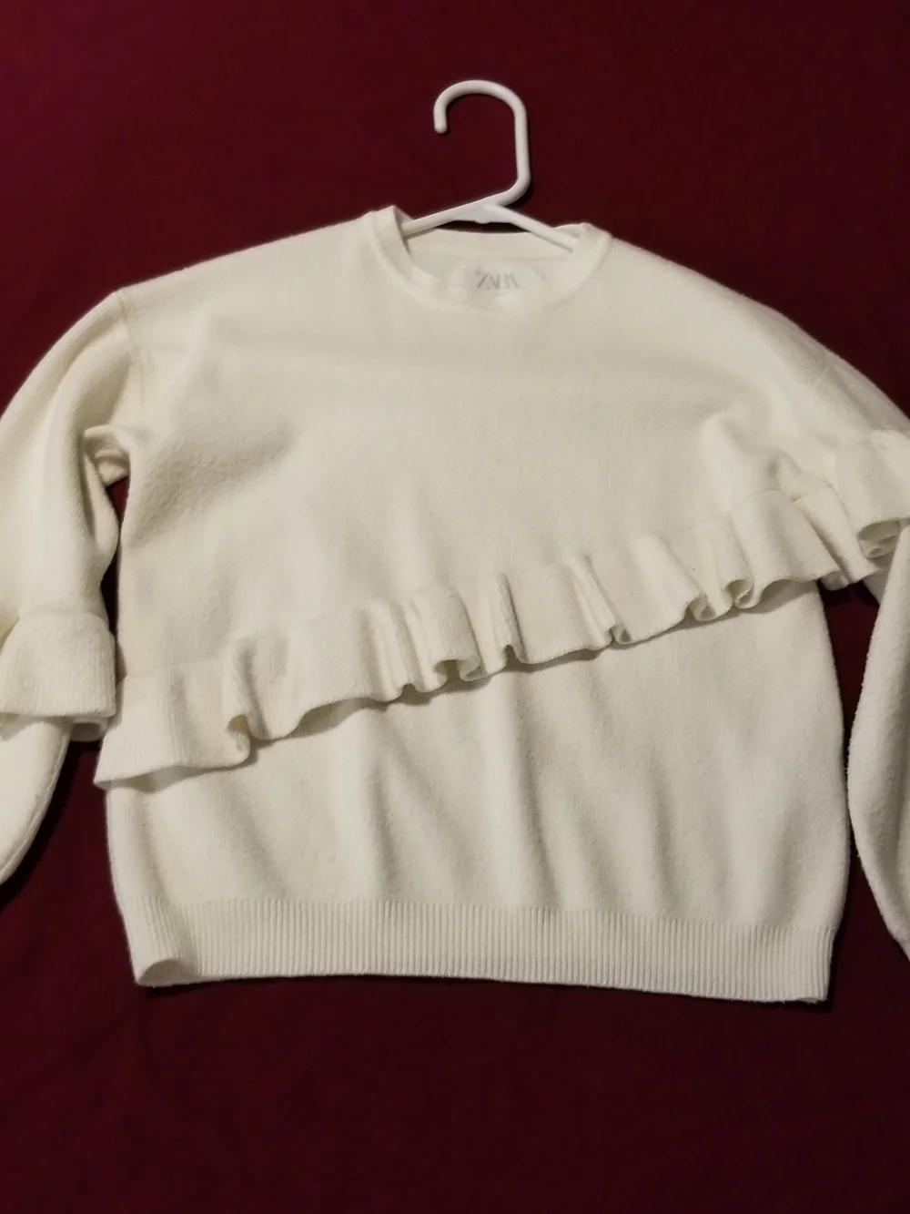 Zara Girl's 7 Cream Ruffle-Front Crewneck Sweater With Ribbed Hem & Cuffs